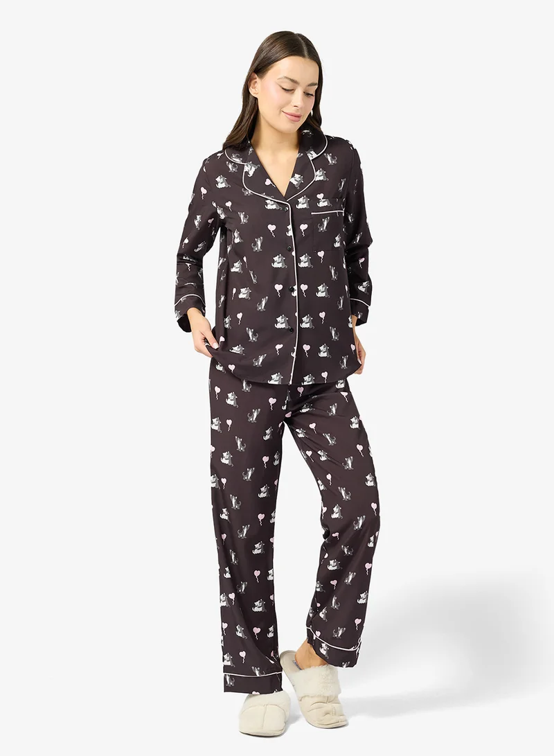 جينجر طقم بيجامة وقميص بأزرار بطبعة زهور